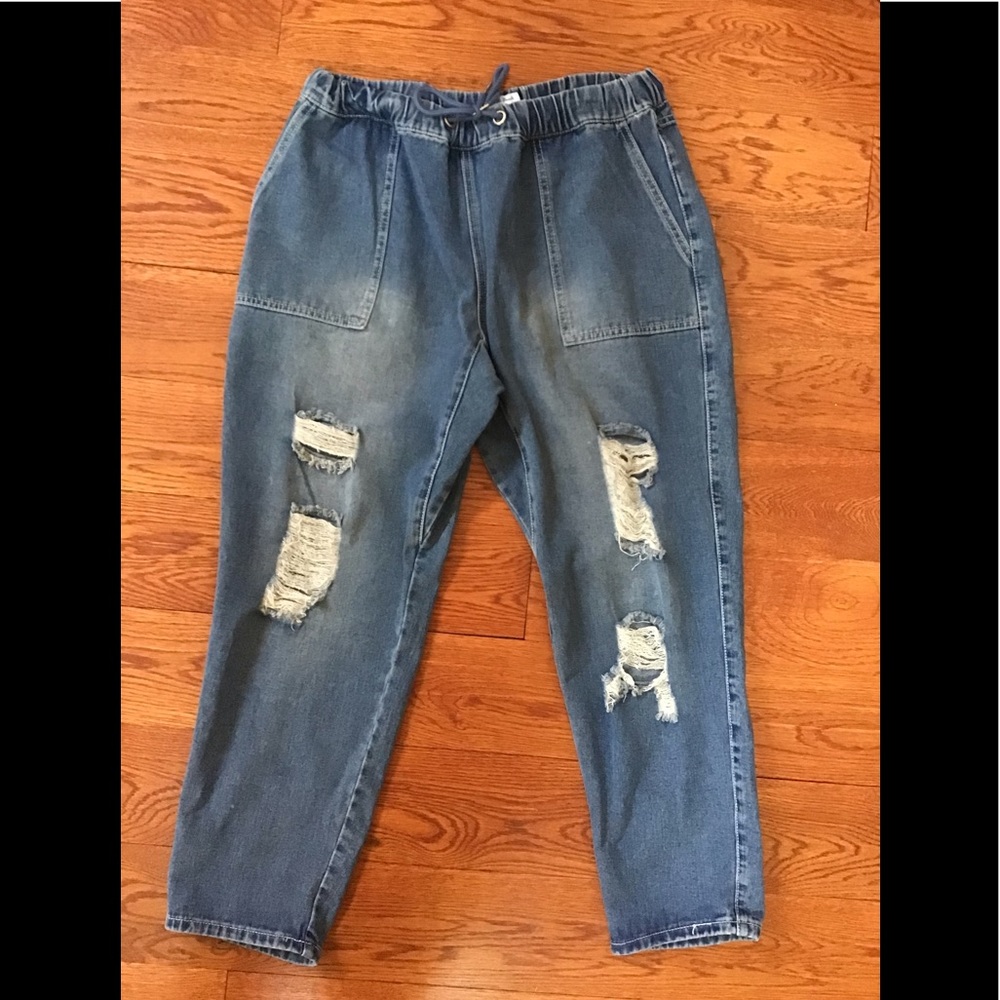 White Birch Straight Leg Denim Pants With Elastic Waist and Drawstring